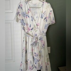 LC Lauren Conrad White Midi Dress with Pastel Pink & Lavender Floral Print